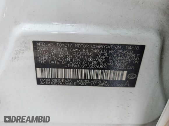 2018 Lexus IS 300 with VIN JTHBA1D27J5076809, listed as a Copart auction lot 65067425 with 7,644 mi miles and Salvage title. Bid and sale history available at DreamBid. Image 13.
