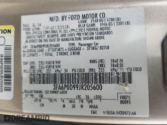 2018 Ford Fusion Titanium with VIN 3FA6P0D99JR205600, listed as a Copart auction lot 60753595 with 67,374 mi miles and Salvage title. Bid and sale history available at DreamBid. Image 12.
