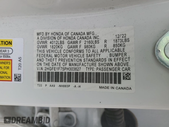 2023 Honda Civic EX с VIN 2HGFE1F75PH303627, выставлен на аукционе Copart как лот 50320815 с пробегом 35 783 миль миль и Чистый • Clean title. История ставок и продаж доступна на DreamBid. Изображение 12.