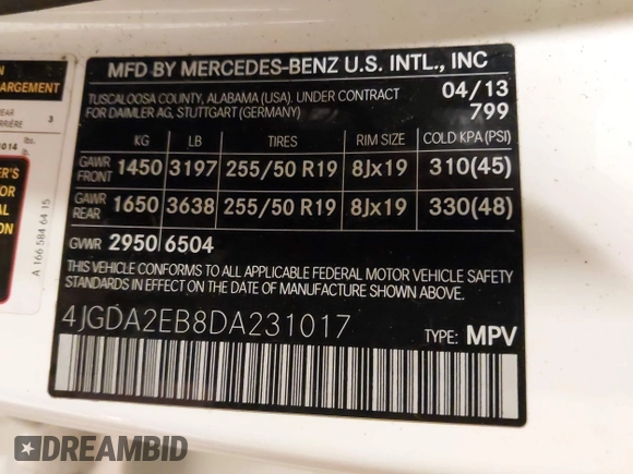 2013 Mercedes-Benz M 350 with VIN 4JGDA2EB8DA231017, listed as a IAAI auction lot 41228060 with Not Provided miles and . Bid and sale history available at DreamBid. Image 9.