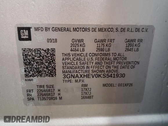 2019 Chevrolet Equinox LS with VIN 3GNAXHEV0KS541930, listed as a Copart auction lot 44980095 with 106,374 mi miles and Salvage Title. Bid and sale history available at carsss.com. Image 13.