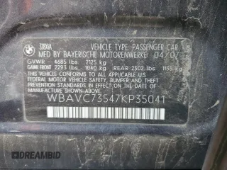 2007 BMW 3 Series 328xi с VIN WBAVC73547KP35041, выставлен на аукционе Copart как лот 54932625 с пробегом 119 320 миль миль и Чистый • Clean title. История ставок и продаж доступна на DreamBid. Изображение 12.