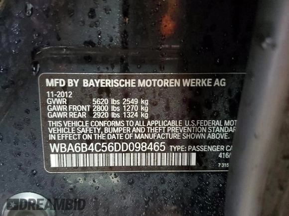 2013 BMW 6 Series 650i xDrive with VIN WBA6B4C56DD098465, listed as a Copart auction lot 45126625 with 129,235 mi miles and Clean Title. Bid and sale history available at carsss.com. Image 13.