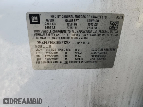 2013 GMC Terrain Denali with VIN 2GKFLYE38D6251238, listed as a Copart auction lot 53233615 with 98,100 mi miles and Salvage Title. Bid and sale history available at DreamBid. Image 15.