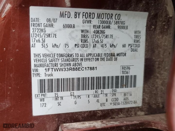 2008 Ford Super Duty F-350 DRW XL with VIN 1FTWW33R88EC17881, listed as a Copart auction lot 43429245 with 168,011 mi miles and Salvage Title. Bid and sale history available at carsss.com. Image 13.
