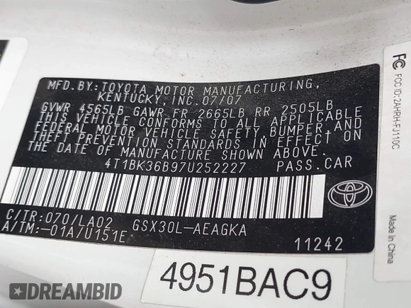 2007 Toyota Avalon XL with VIN 4T1BK36B97U252227, listed as a IAAI auction lot 42067958 with 245,781 mi miles. Bid and sale history available at carsss.com. Image 9.