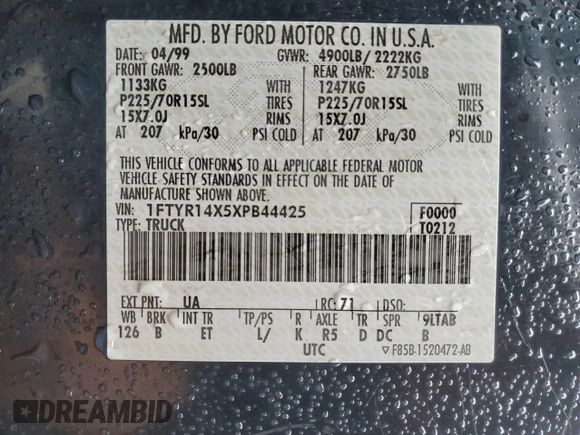 1999 Ford Ranger XLT with VIN 1FTYR14X5XPB44425, listed as a Copart auction lot 45009335 with 238,471 mi miles and Salvage Title. Bid and sale history available at carsss.com. Image 12.