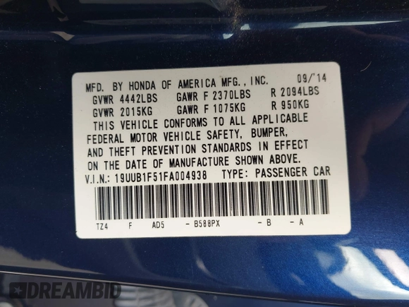 2015 Acura TLX Tech with VIN 19UUB1F51FA004938, listed as a IAAI auction lot 42083428 with 108,397 mi miles. Bid and sale history available at carsss.com. Image 9.