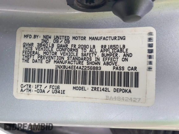 2010 Toyota Corolla with VIN 1NXBU4EE4AZ256883, listed as a IAAI auction lot 40862257 with 178,807 mi miles. Bid and sale history available at carsss.com. Image 9.