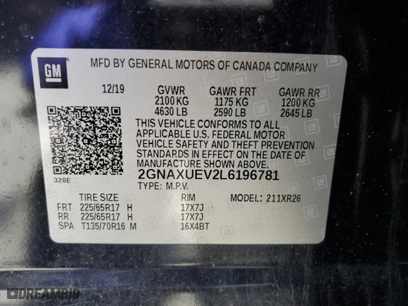 2020 Chevrolet Equinox LT with VIN 2GNAXUEV2L6196781, listed as a Copart auction lot 53606765 with 23,260 mi miles and Salvage Title. Bid and sale history available at carsss.com. Image 14.