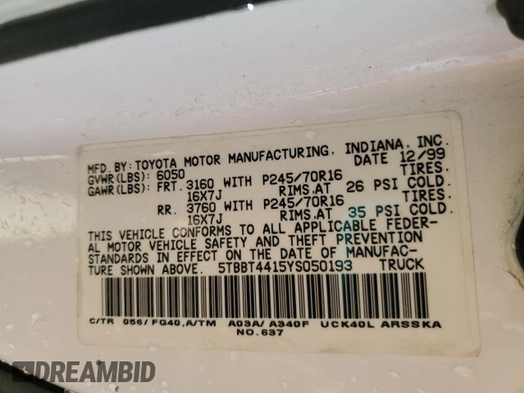 2000 Toyota Tundra SR5 with VIN 5TBBT4415YS050193, listed as a Copart auction lot 53702725 with 136,081 mi miles and Salvage Title. Bid and sale history available at DreamBid. Image 13.