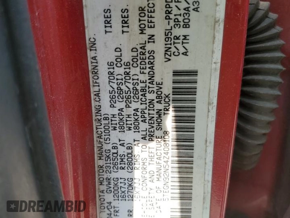 2004 Toyota Tacoma PreRunner z VIN 5TEGN92N54Z408108, wystawiony jako Copart lot #58940905 z przebiegiem 149 466 mil mil oraz Szkoda całkowita • Salvage title. Historia ofert i sprzedaży dostępna na DreamBid. Obrazek 13.