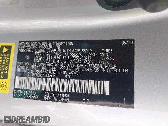 2010 Lexus RX 350 z VIN JTJBK1BA2A2006352, wystawiony jako IAAI lot #42367046 z przebiegiem 111 306 mil mil oraz . Historia ofert i sprzedaży dostępna na DreamBid. Obrazek 9.