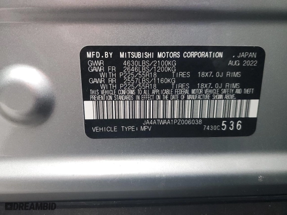 2023 Mitsubishi Eclipse Cross SE with VIN JA4ATWAA1PZ006038, listed as a Copart auction lot 46225645 with NaN miles and Salvage Title. Bid and sale history available at carsss.com. Image 15.