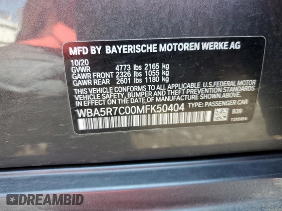 2021 BMW 3 Series 330i xDrive with VIN WBA5R7C00MFK50404, listed as a Copart auction lot 56010064 with 22,905 mi miles. Bid and sale history available at carsss.com. Image 12.