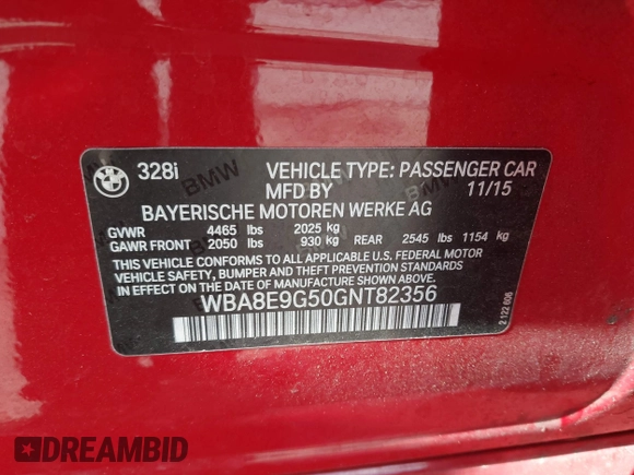 2016 BMW 3 Series 328i with VIN WBA8E9G50GNT82356, listed as a IAAI auction lot 41799119 with 83,337 mi miles. Bid and sale history available at carsss.com. Image 9.