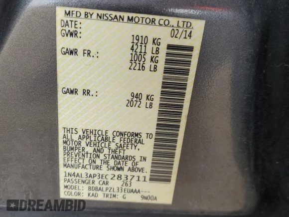 2014 Nissan Altima 2.5 with VIN 1N4AL3AP3EC283711, listed as a Copart auction lot 51830385 with 95,493 mi miles and Salvage Title. Bid and sale history available at DreamBid. Image 13.