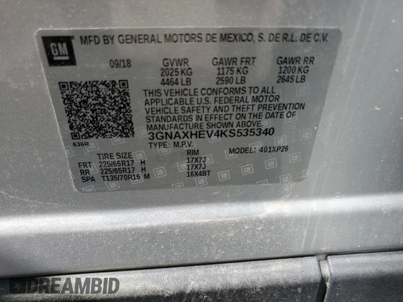 2019 Chevrolet Equinox LS with VIN 3GNAXHEV4KS535340, listed as a Copart auction lot 49922665 with 47,712 mi miles and Salvage Title. Bid and sale history available at carsss.com. Image 13.