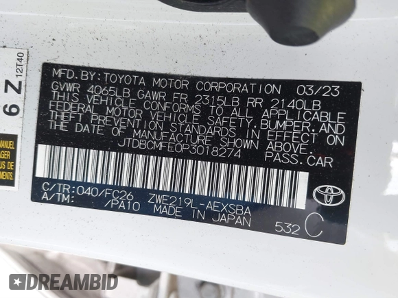 2023 Toyota Corolla Hybrid LE with VIN JTDBCMFE0P3018274, listed as a IAAI auction lot 41272268 with 24,880 mi miles. Bid and sale history available at carsss.com. Image 9.