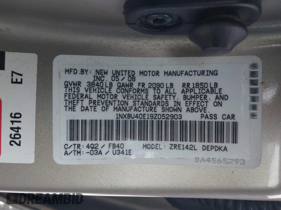 2009 Toyota Corolla with VIN 1NXBU40E19Z052903, listed as a IAAI auction lot 41305719 with 141,625 mi miles and . Bid and sale history available at carsss.com. Image 9.