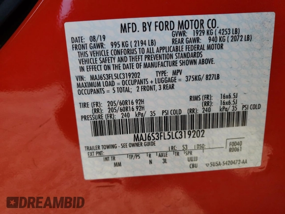 2020 Ford EcoSport S with VIN MAJ6S3FL5LC319202, listed as a Copart auction lot 42954155 with 19,971 mi miles and Non Repairable. Bid and sale history available at DreamBid. Image 10.