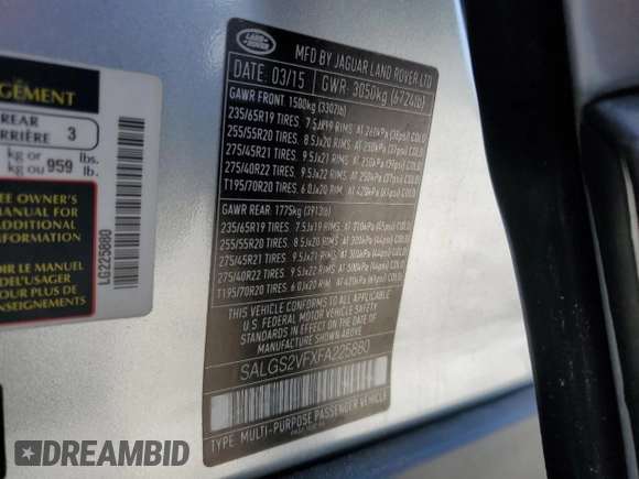 2015 Land Rover Range Rover HSE with VIN SALGS2VFXFA225880, listed as a Copart auction lot 52421555 with Not provided miles and Clean title. Bid and sale history available at DreamBid. Image 13.