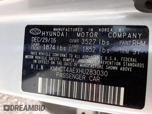 2017 Hyundai Accent SE with VIN KMHCT4AEXHU283030, listed as a Copart auction lot 61574902 with 0 mi miles. Bid and sale history available at carsss.com. Image 10.