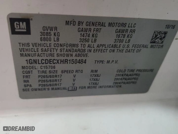 2017 Chevrolet Tahoe Commercial with VIN 1GNLCDECXHR150484, listed as a Copart auction lot 43262125 with 0 mi miles and Salvage Title. Bid and sale history available at carsss.com. Image 13.