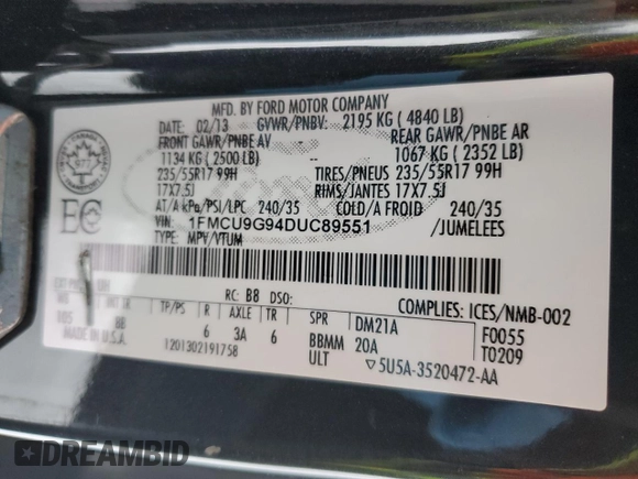 2013 Ford Escape SE with VIN 1FMCU9G94DUC89551, listed as a Copart auction lot 42005035 with 244,906 mi miles and Clean Title. Bid and sale history available at carsss.com. Image 13.
