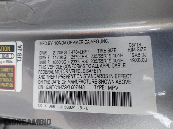 2019 Acura RDX Advance with VIN 5J8TC1H72KL007448, listed as a IAAI auction lot 42550136 with 31,638 mi miles and . Bid and sale history available at DreamBid. Image 9.