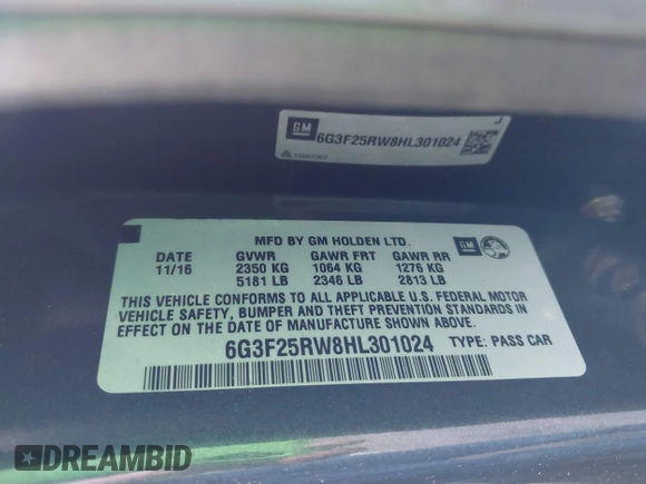 2017 Chevrolet SS with VIN 6G3F25RW8HL301024, listed as a IAAI auction lot 42011186 with 53,989 mi miles and . Bid and sale history available at DreamBid. Image 9.