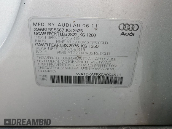 2012 Audi Q5 3.2L Premium Plus with VIN WA1DKAFPXCA004913, listed as a Copart auction lot 53922775 with 147,199 mi miles and Clean Title. Bid and sale history available at carsss.com. Image 12.