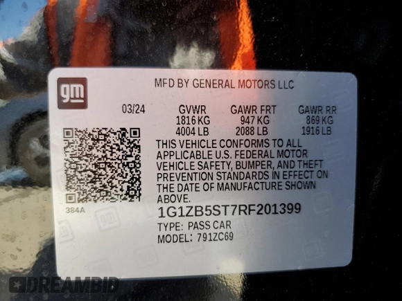 2024 Chevrolet Malibu LS with VIN 1G1ZB5ST7RF201399, listed as a Copart auction lot 50588735 with 12,762 mi miles and Non Repairable. Bid and sale history available at DreamBid. Image 13.