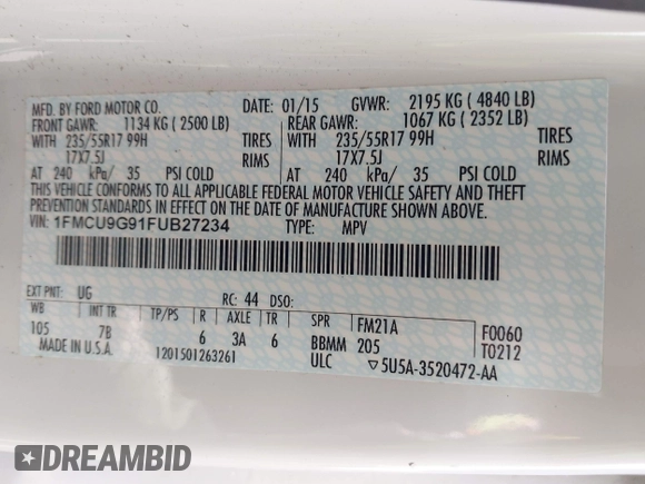 2015 Ford Escape SE with VIN 1FMCU9G91FUB27234, listed as a IAAI auction lot 42157947 with 210,034 mi miles. Bid and sale history available at carsss.com. Image 9.