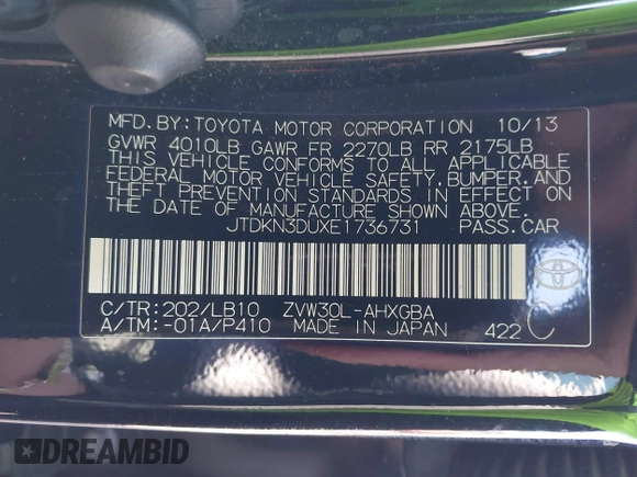2014 Toyota Prius Four with VIN JTDKN3DUXE1736731, listed as a IAAI auction lot 42106536 with 73,621 mi miles. Bid and sale history available at carsss.com. Image 9.