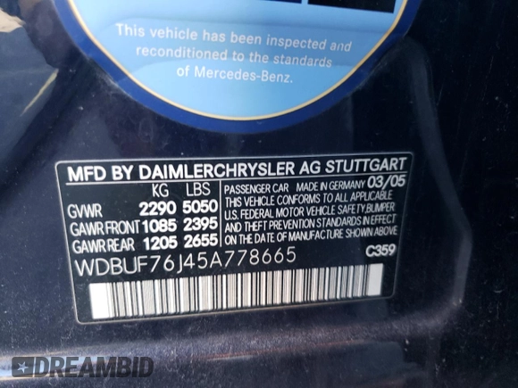 2005 Mercedes-Benz E-Class 5.5L AMG with VIN WDBUF76J45A778665, listed as a Copart auction lot 78737564 with 119,430 mi miles and Salvage Title. Bid and sale history available at carsss.com. Image 12.