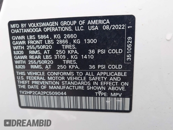 2023 Volkswagen Atlas SE with VIN 1V2HP2CA2PC509044, listed as a IAAI auction lot 41987805 with 50,080 mi miles and . Bid and sale history available at DreamBid. Image 9.