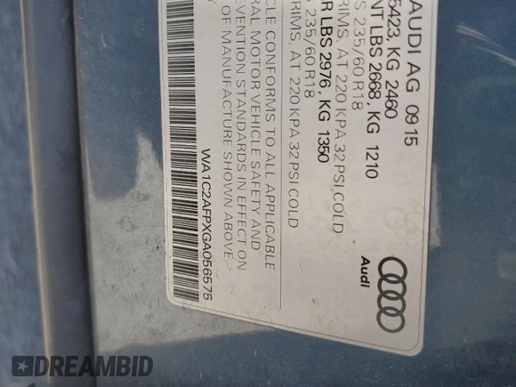 2016 Audi Q5 Premium with VIN WA1C2AFPXGA056575, listed as a Copart auction lot 57469595 with 59,198 mi miles and Salvage title. Bid and sale history available at DreamBid. Image 13.