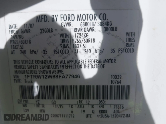 2008 Ford F-150 XL with VIN 1FTRW12W68FA77946, listed as a IAAI auction lot 41828609 with 159,432 mi miles. Bid and sale history available at carsss.com. Image 9.