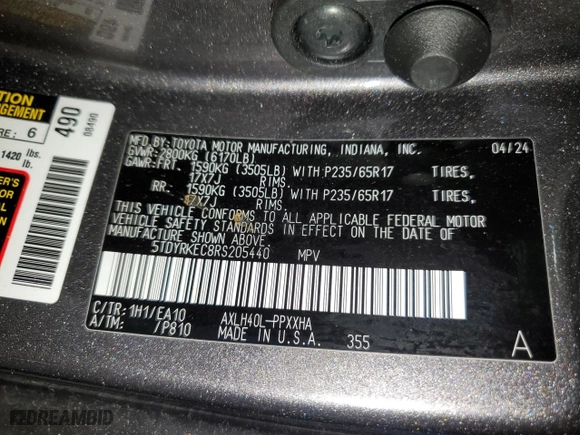 2024 Toyota Sienna XLE with VIN 5TDYRKEC8RS205440, listed as a Copart auction lot 54407305 with 49,934 mi miles and Clean Title. Bid and sale history available at carsss.com. Image 14.