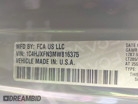 2021 Jeep Wrangler Unlimited Rubicon with VIN 1C4HJXFN3MW816375, listed as a IAAI auction lot 42480514 with 62,324 mi miles and . Bid and sale history available at DreamBid. Image 9.