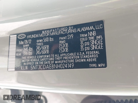 2022 Hyundai Santa Cruz SEL z VIN 5NTJCDAE8NH024149, wystawiony jako IAAI lot #42197663 z przebiegiem 51 491 mil mil oraz . Historia ofert i sprzedaży dostępna na DreamBid. Obrazek 9.