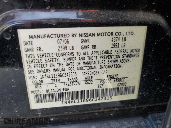 2006 Nissan Altima SL z VIN 1N4BL11E96C242315, wystawiony jako Copart lot #55455065 z przebiegiem Nie podano mil oraz Szkoda całkowita • Salvage title. Historia ofert i sprzedaży dostępna na DreamBid. Obrazek 12.