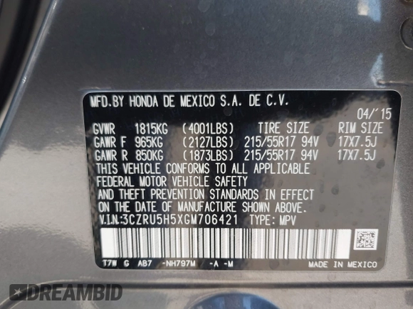 2016 Honda HR-V EX with VIN 3CZRU5H5XGM706421, listed as a IAAI auction lot 42077569 with 103,437 mi miles. Bid and sale history available at carsss.com. Image 9.