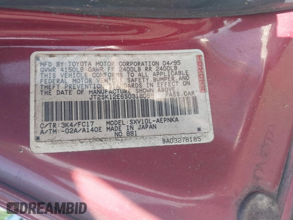 1995 Toyota Camry LE z VIN JT2SK12E6S0318069, wystawiony jako IAAI lot #42003618 z przebiegiem 235 623 mil mil oraz . Historia ofert i sprzedaży dostępna na DreamBid. Obrazek 9.