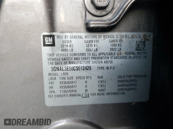 2012 Chevrolet Captiva Sport LT with VIN 3GNAL3E50CS612429, listed as a Copart auction lot 76653484 with 139,386 mi miles and Salvage Title. Bid and sale history available at DreamBid. Image 15.