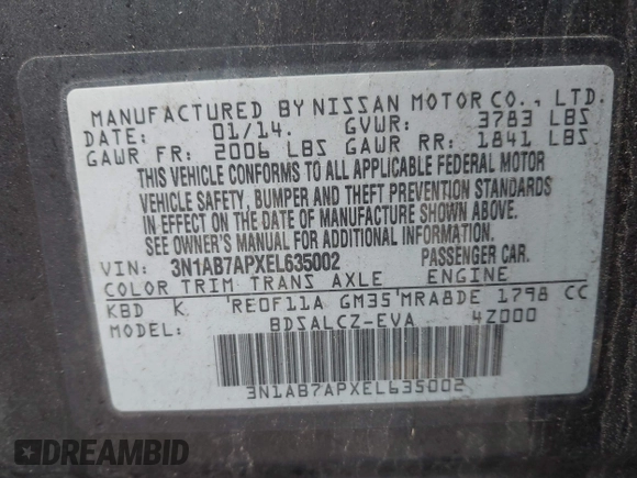 2014 Nissan Sentra S with VIN 3N1AB7APXEL635002, listed as a IAAI auction lot 42013022 with 87,712 mi miles and . Bid and sale history available at DreamBid. Image 9.