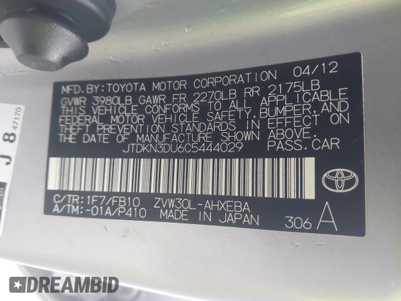 2012 Toyota Prius One with VIN JTDKN3DU6C5444029, listed as a IAAI auction lot 41895206 with 162,843 mi miles. Bid and sale history available at carsss.com. Image 9.