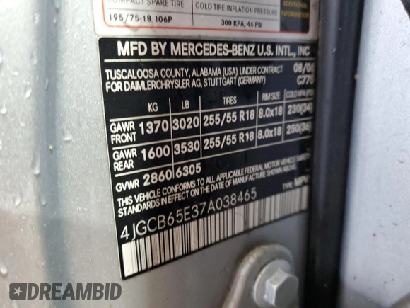 2007 Mercedes-Benz R 3.5L z VIN 4JGCB65E37A038465, wystawiony jako Copart lot #55963045 z przebiegiem Nie podano mil oraz Czysty tytuł • Clean title. Historia ofert i sprzedaży dostępna na DreamBid. Obrazek 13.