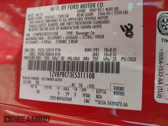 2014 Ford Mustang GT with VIN 1ZVBP8CF3E5311108, listed as a IAAI auction lot 42050082 with 149,675 mi miles and . Bid and sale history available at DreamBid. Image 9.